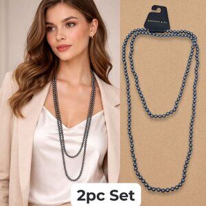 2pc 60" Long Glass Pearl Beads Necklaces Dark Grey NWT